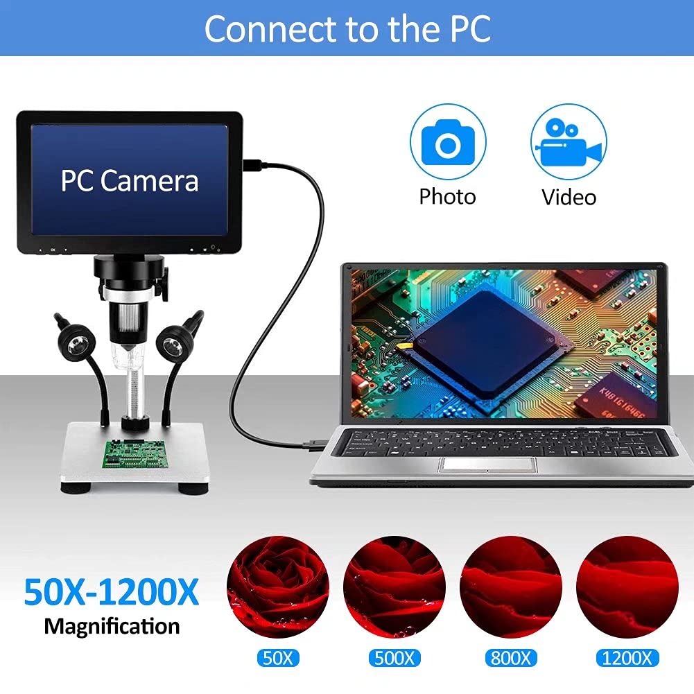 7'' Lcd Digital Microscope 1200X 12Mp Coin Microscope For Adults Video Camera With 10 Led Fill Lights Pcb Soldering Kids, Metal