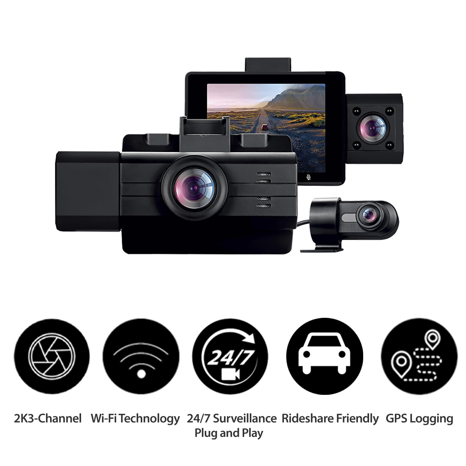 Mygekogear Scout Pro 2K 3-Channel Dash Cam Surveillance Edition With Front View, Cabin View, Rear View, App For Instant Video Ac