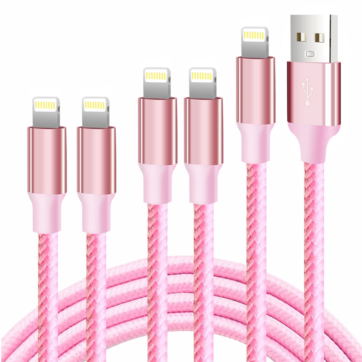 Cugunu Iphone Charger, 5 Pack 3/3/6/6/10Ft Apple Mfi Certified Usb Lightning Cable Nylon Braided Fast Charging Cord Compatible For Iphone 14/13/12/11/X/Max/8/7/6/5/Se/Plus/Ipad   Pink