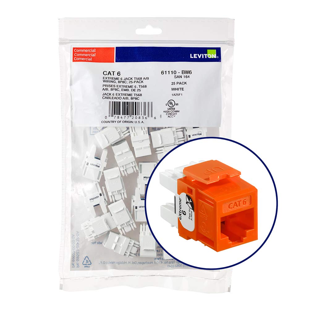 Leviton 61110 BO6 Extreme 6+ QuickPort Connector, CAT 6, Orange, 25 Count (Pack of 1)