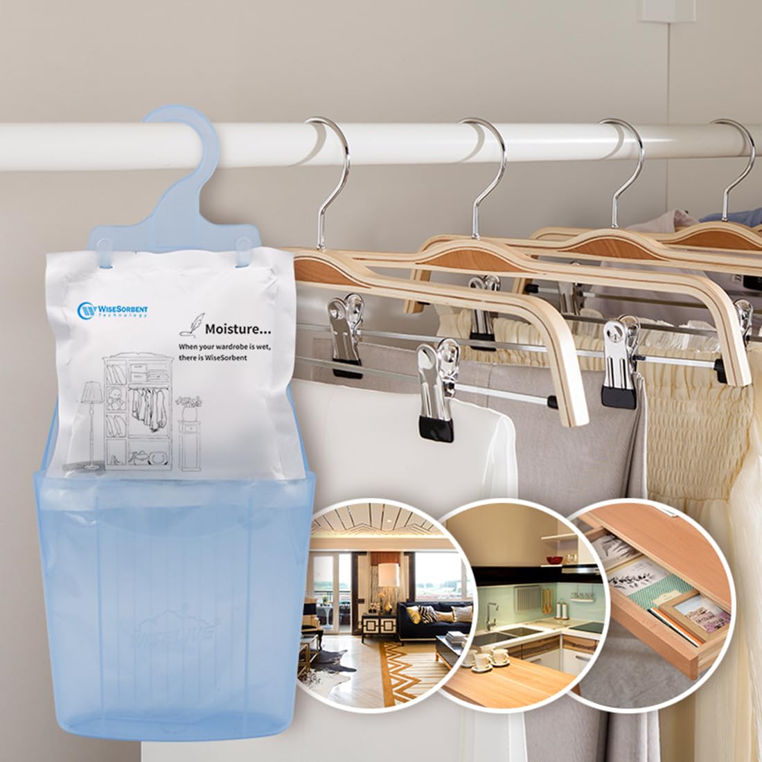 Wisesorb Moisture Absorber Packets With Plastic Case & Hook, Odor Eliminator, Leak Proof, Fragrance Free, Humidity Packs, Hangin