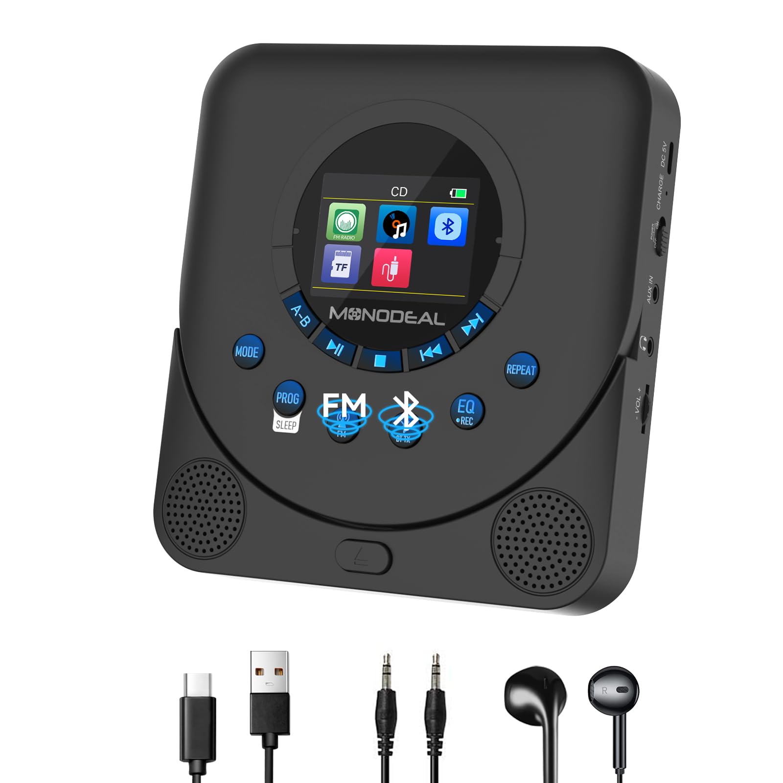 Cd Player Portable,Monodeal Dual Stereo With Cd Player With Speakers,Rechargeable Cd Player Bluetooth,Support Tf Card,Fm Receive