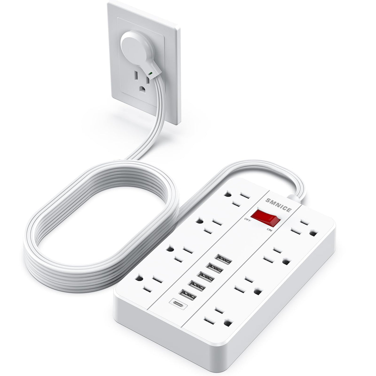 Power Strip Surge Protector, Smnice Flat Plug Long Extension Cord 10 Ft With 8 Widely Spaced Outlets 6Usb(1 Usb C) Charging Stat