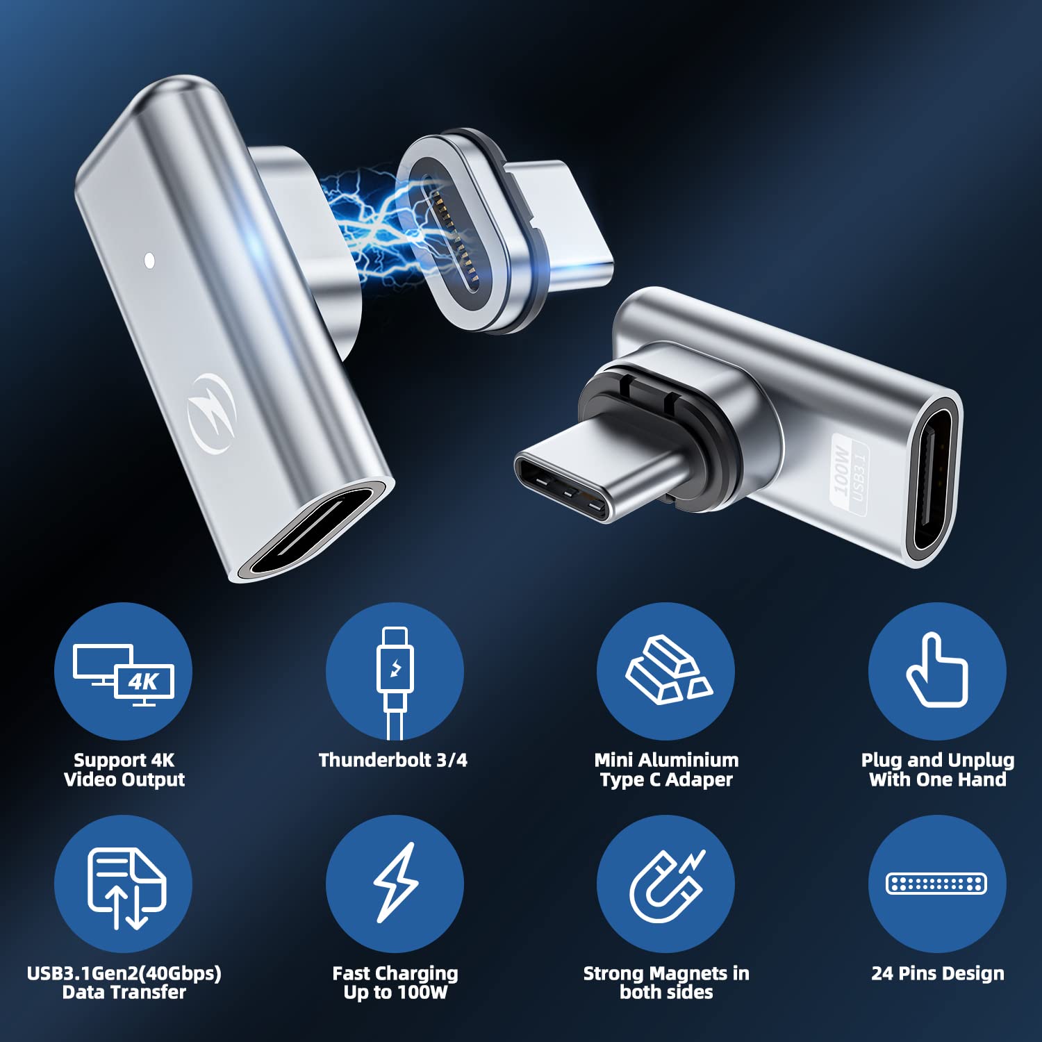 Usb C Magnetic Adapter, (2 Pack) 24Pins Magnetic Usb C Adapter With Pd 100W Charge Usb3.1 40Gbps Data Transfer 4K 60Hz Video Compatible For Thunderbolt 3/4 Macbook Pro/Air And More Type C Devices