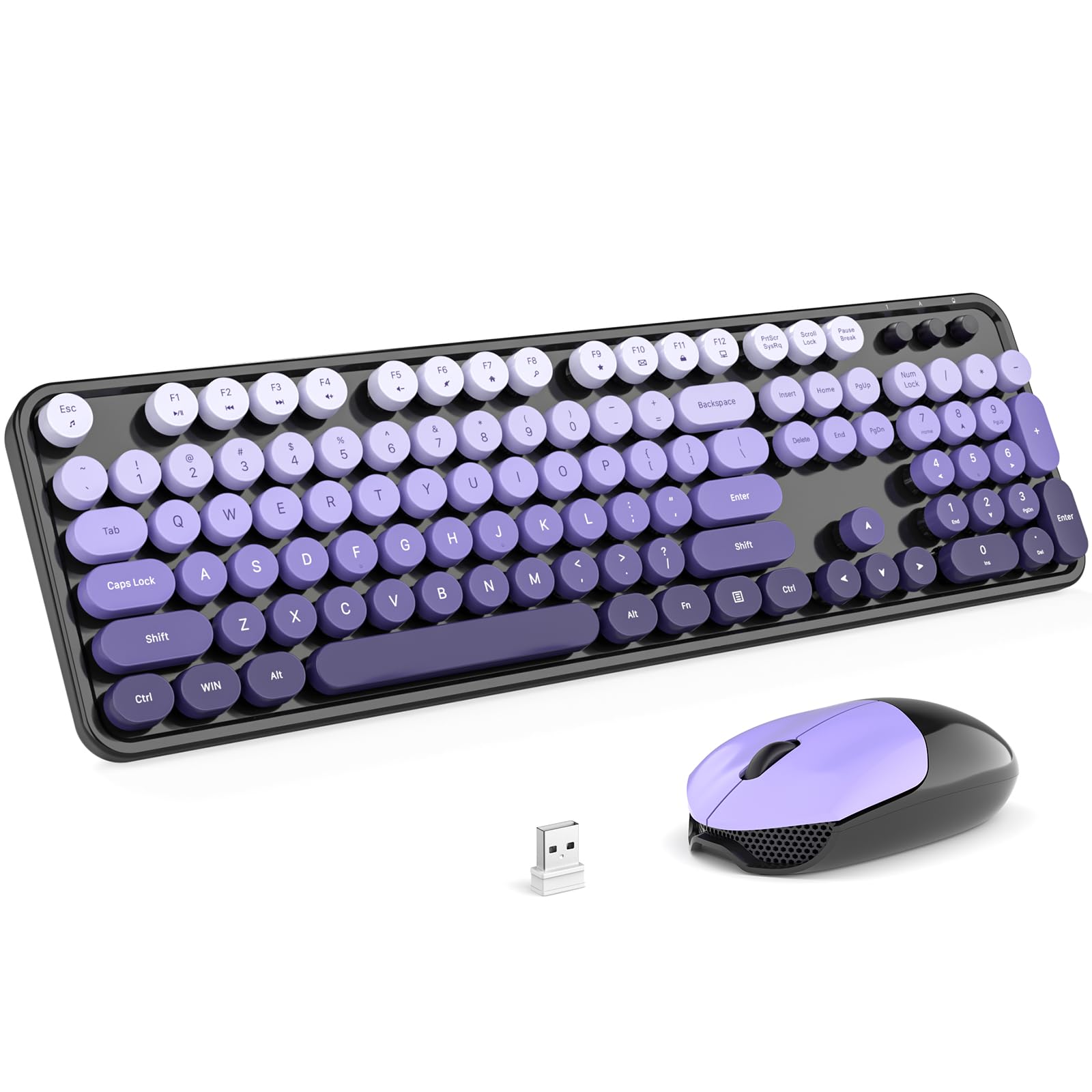 KNOWSQT Wireless Keyboard and Mouse Combo - Black-Purple Colorful 2.4G Typewriter Full-Size Cute Keyboards - USB Receiver Plug a