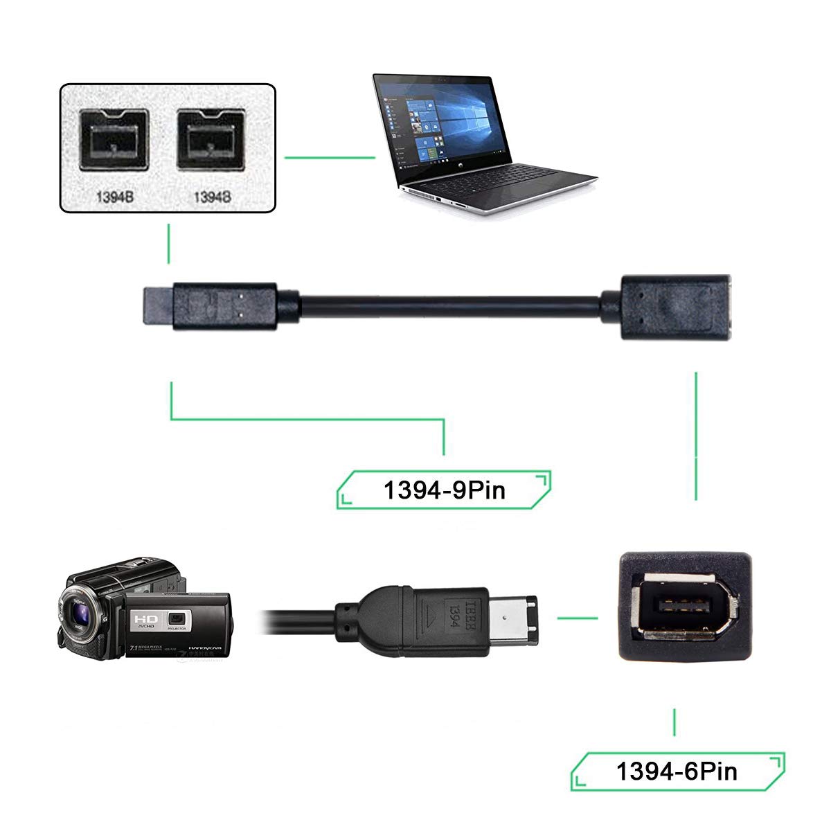 Cy Ieee 1394 6Pin Female To 1394B 9Pin Male Extension Data Video Capture Card Firewire 400 To 800 Cable 20Cm