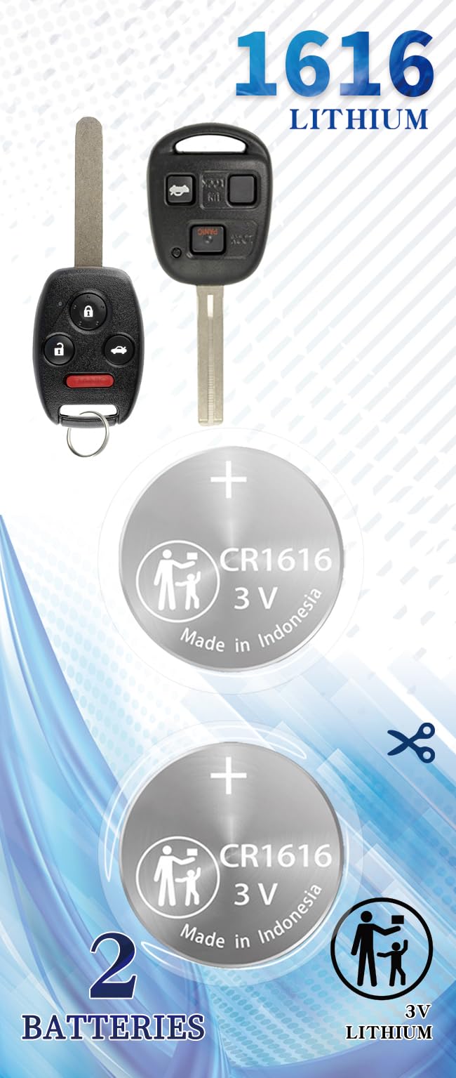 2 Pack Cr1616 Original Key Fob Battery Replacement For Honda(2005 2015 )Cr V, Accord, Civic, Odyssey, Ridgeline 1992 2009 Compat