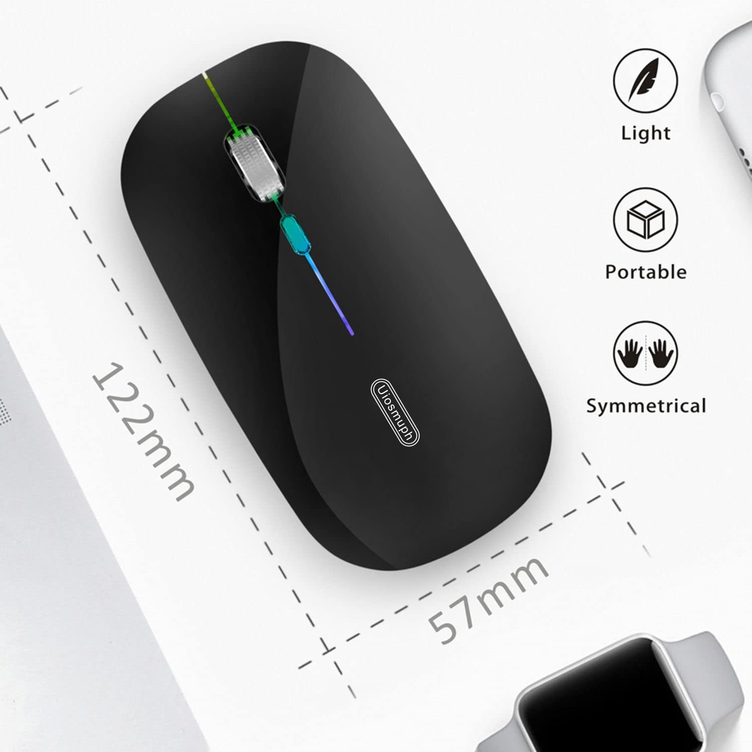 Uiosmuph Led Wireless Silent Mouse, G12 Slim Rechargeable, 2.4G Portable Optical Computer Mice With Usb Receiver And Type C Adap
