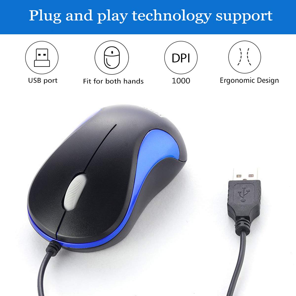 Laptop Mouse 2 Pack Usb Optical Wired Mouse For Office And Home Use Compatible Pcs Laptop Desktop Windows 7/8/10/11/Xp Vista And Mac Blue By Soongo