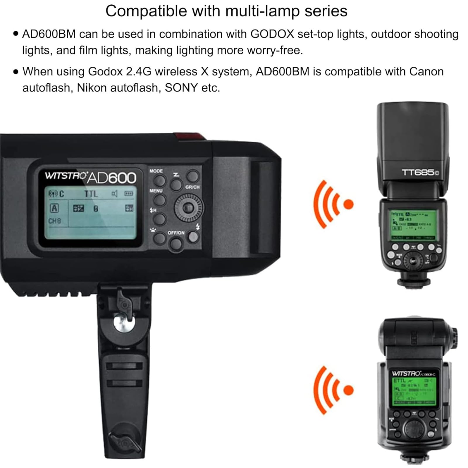 Godox Ad600Bm Outdoor Flash Bowens Mount 600Ws Gn87 Hss Strobe Light With 2.4G Wireless, 8700Mah Battery To Provide 500 Full Pow