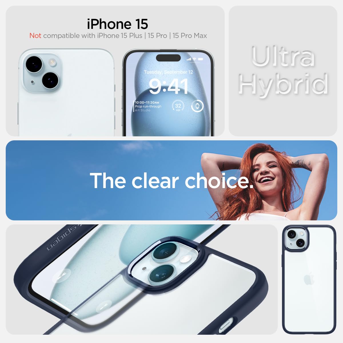 Spigen Ultra Hybrid Designed For Iphone 15 Case (2023) [Anti Yellowing], [Military Grade Protection]   Navy Blue