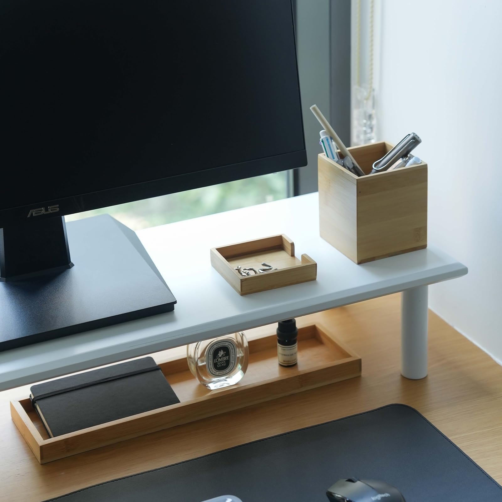 Rocdeer Bamboo Dual Monitor Stand Riser White With 2 Heights Available, Desk Monitor Riser For 2 Monitors, Supports For Pc Compu