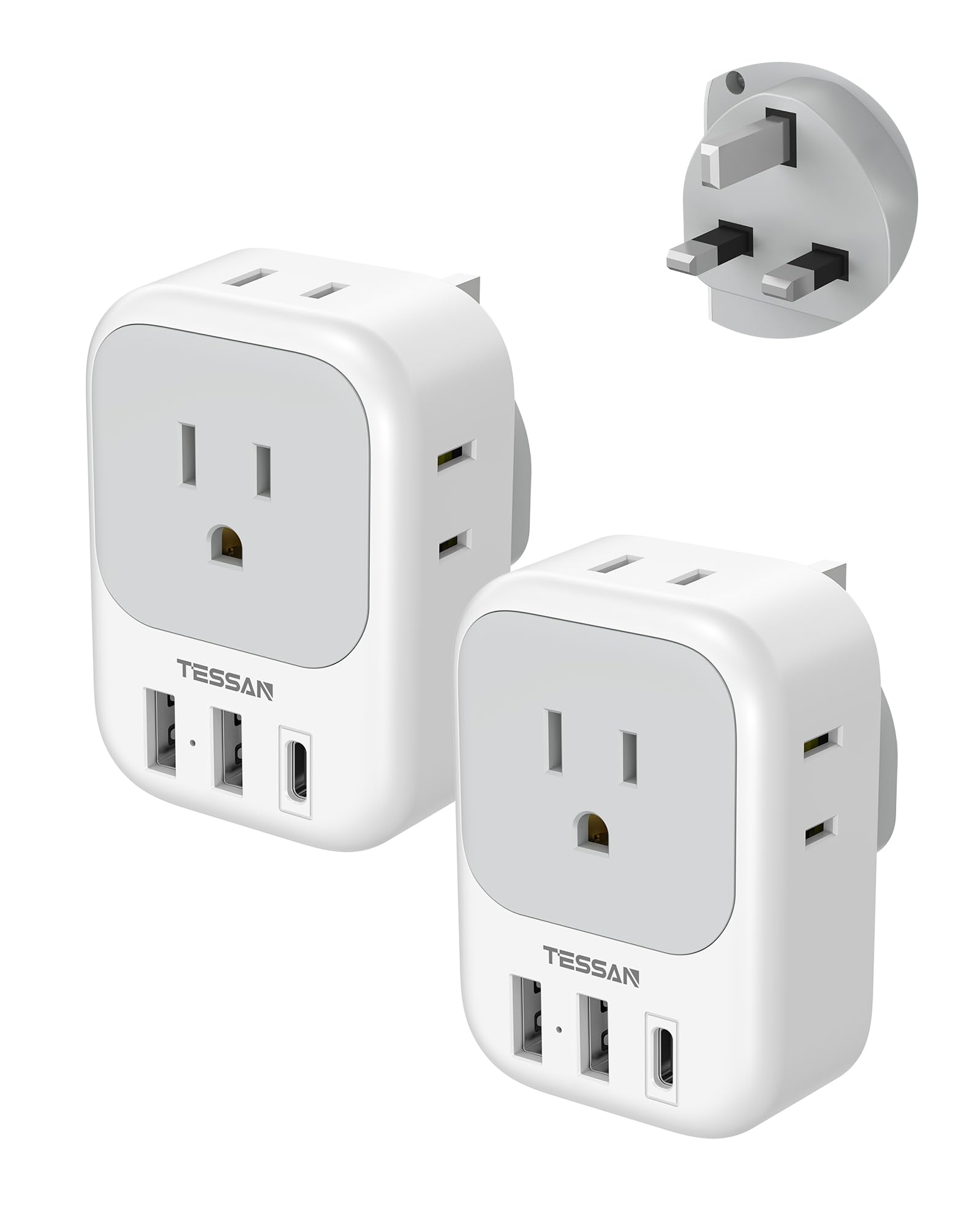 UK Adapters for Travel 2 Pack, TESSAN Type G US to UK Plug Adapter with 4 Outlets 3 USB Charger(1 USB C Port), Power Adaptor for