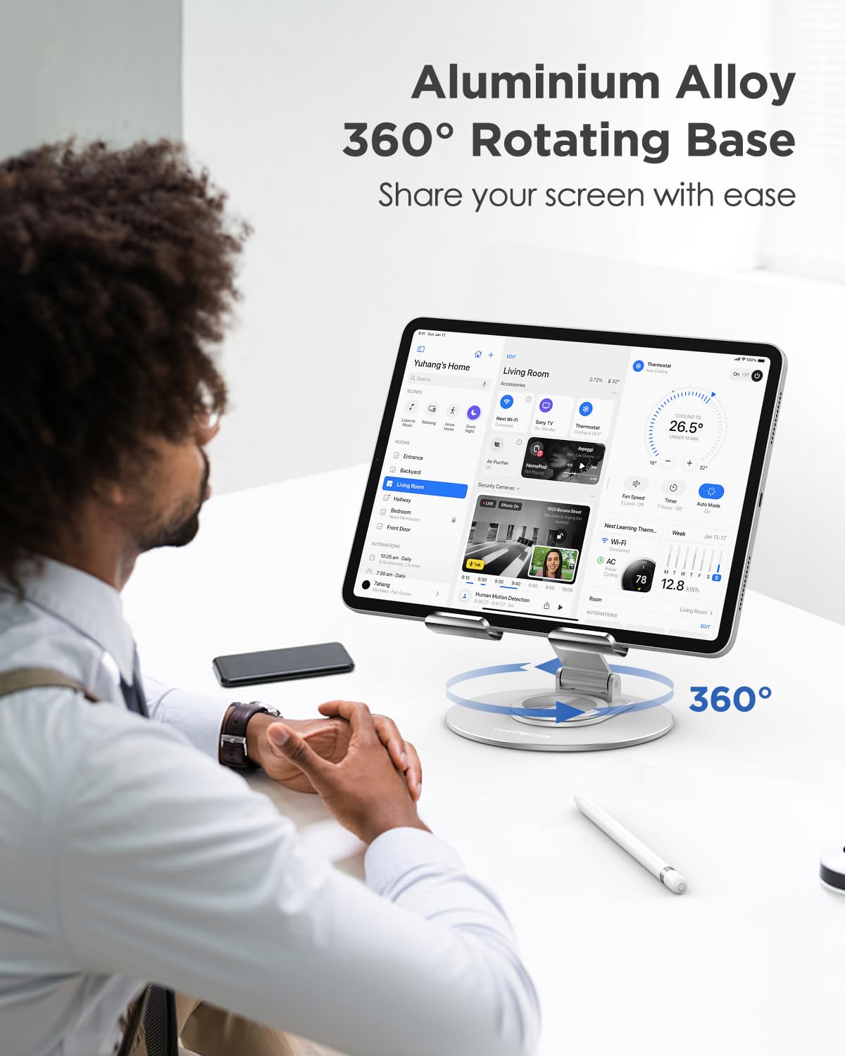 MoKo Acrylic Tablet Stand Holder   Adjustable iPad Stand with Aluminum 360� Rotating Base, Compatible with 4.7 12.9inch Device Such as iPad Pro 12.9, iPad Pro 11/10.9/10.2, iPad Air/Mini, Clear+Silver