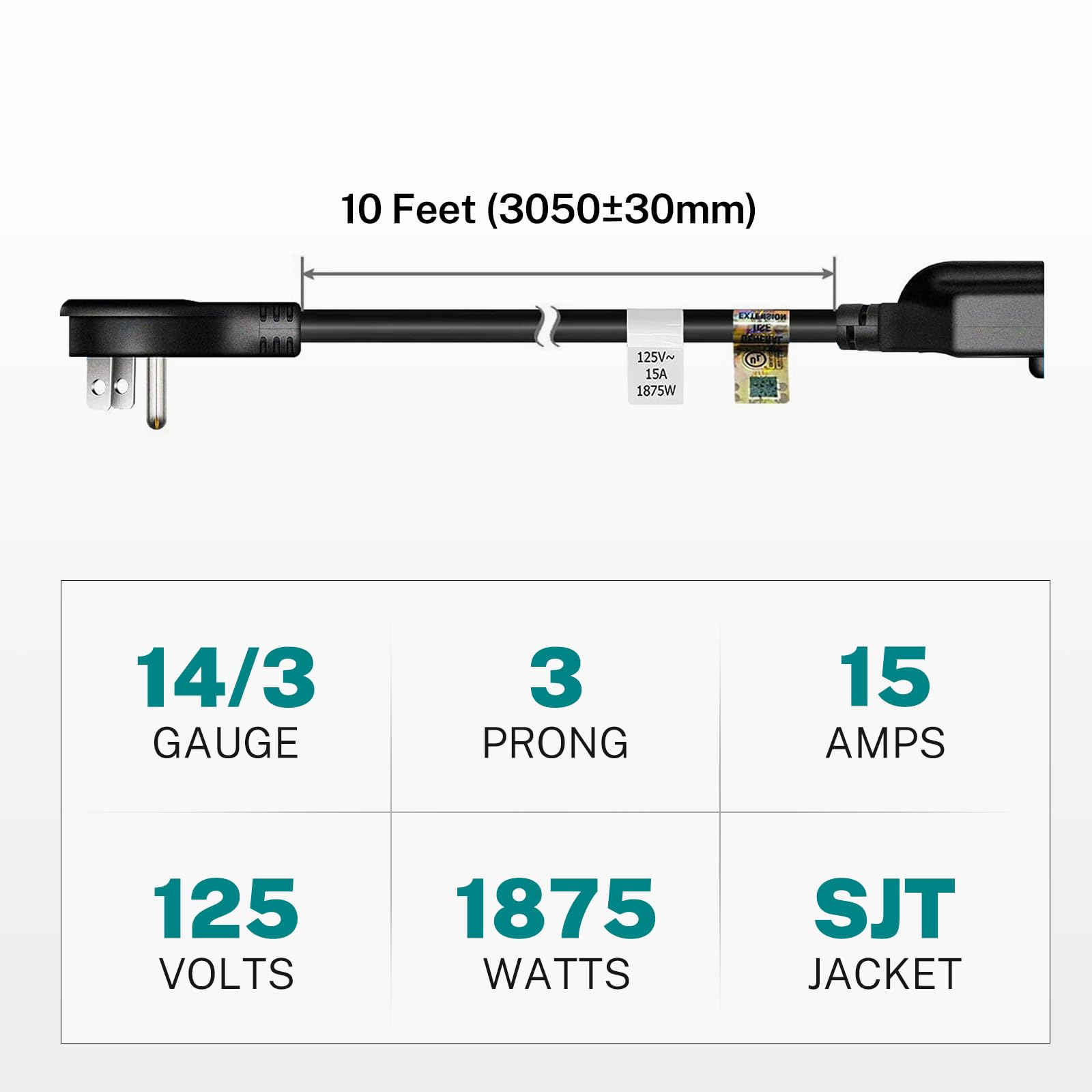 Firmerst 10Ft 1875W Flat Plug Extension Cord 14 Awg Black 15A