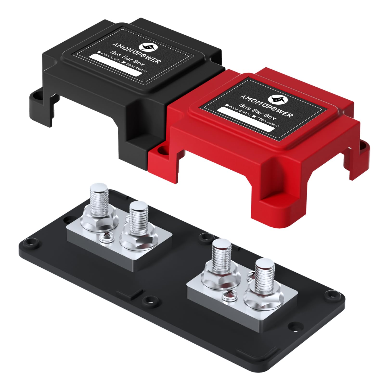Amomd 600A 48V Bus Bar Box 4 Stud (3/8 Inch) M10 High Current Nickel Plated Copper Distribution Block Positive Negative Independ