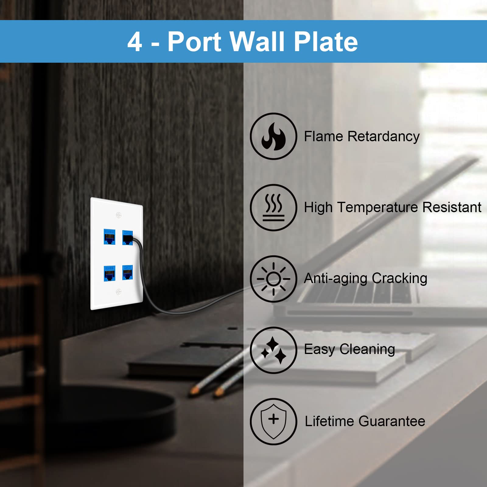 Iwillink 4 Port Keystone Jack Wall Plate 10 Pack, Low Profile Ethernet Wall Plate Single Gang Wall Plates For Keystone Jack, Whi