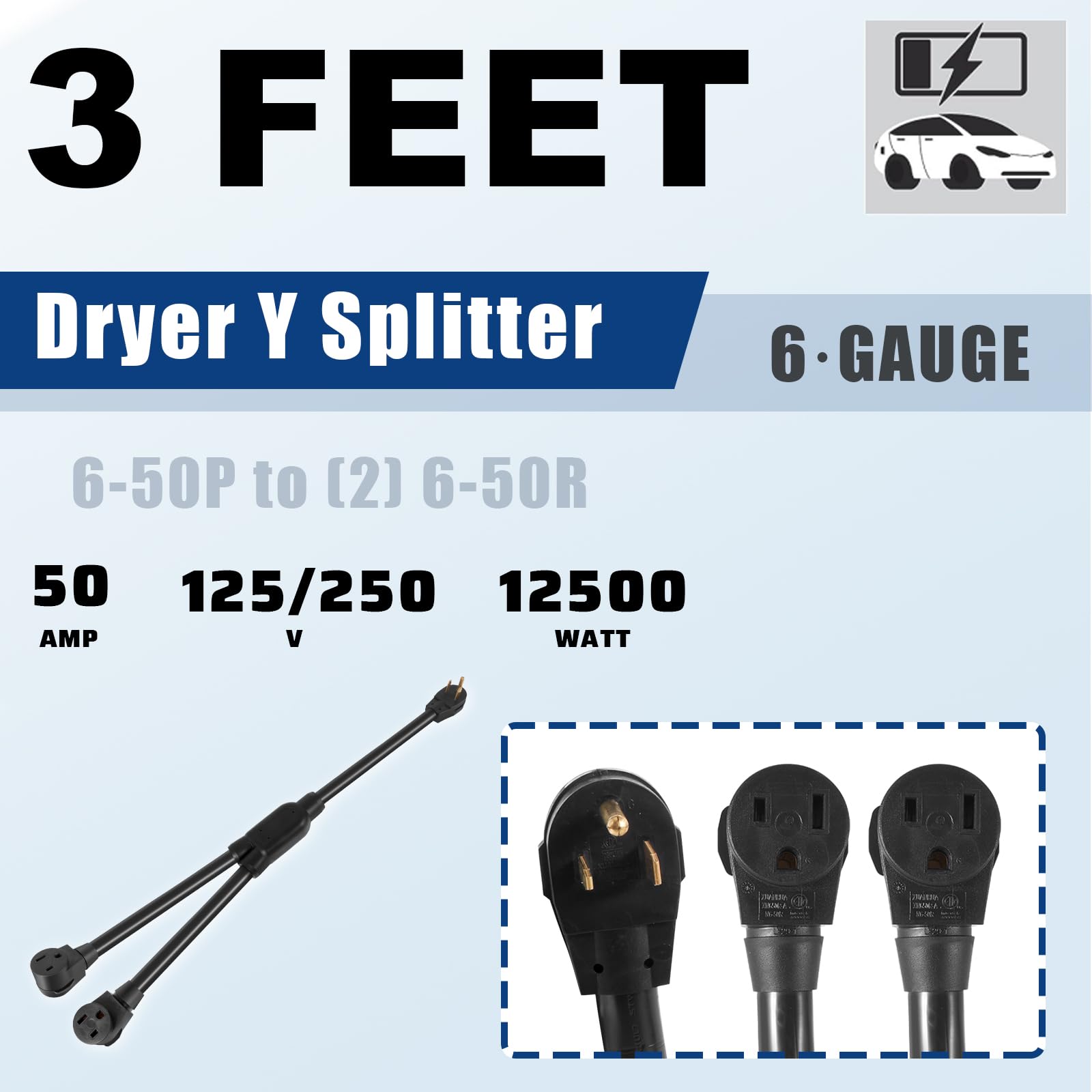 Autobaba 3 Wire Welder 50 Amp Nema 6 50 Splitter Cord, One Nema 6 50P Male Plug To Tow Nema 6 50R Female Plugs Connectors 250V,