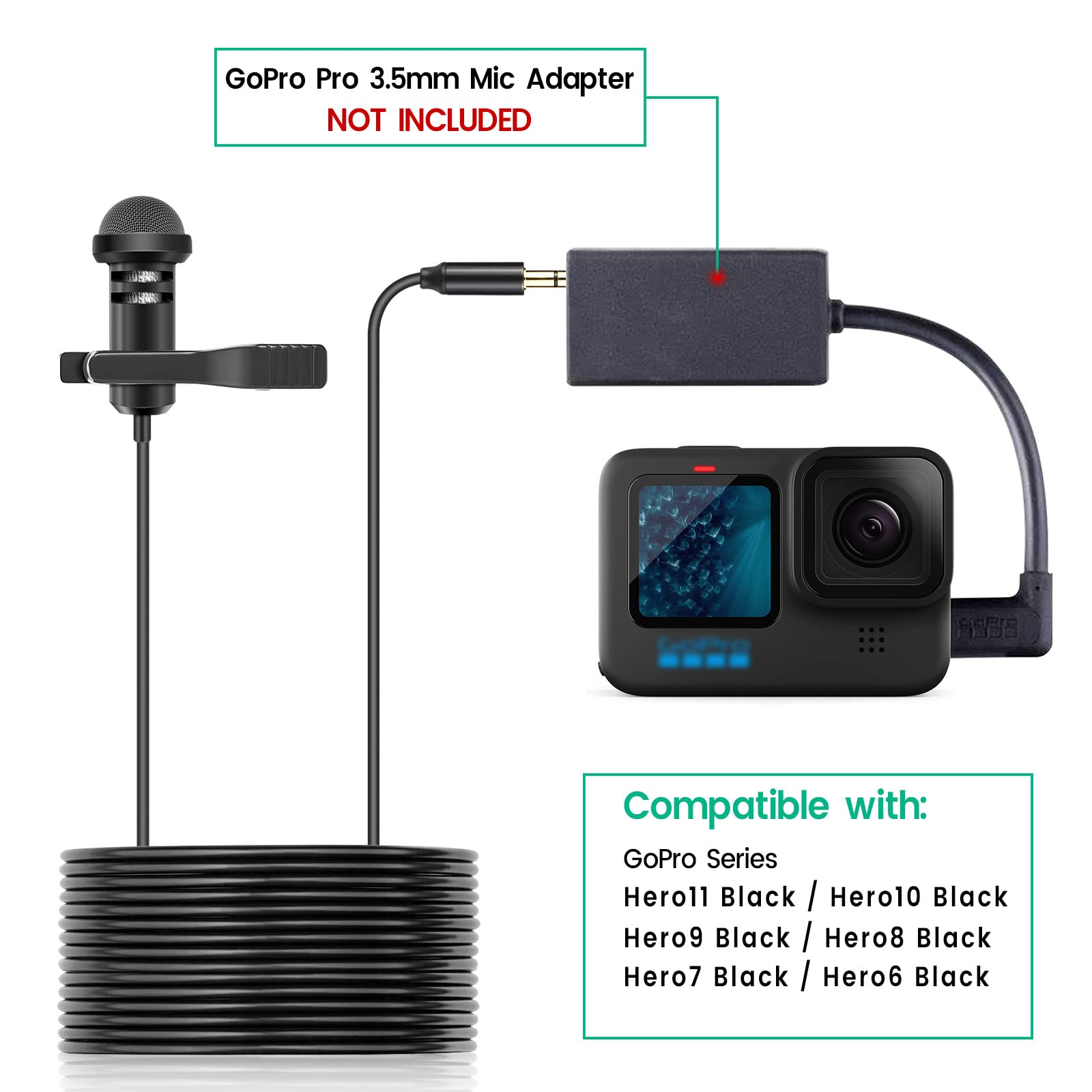 Weishan Media Mod Mic For Gopro Hero11 10 9 Black Action Camera, Lavalier Lapel Videomic Clip On Microphone Compatible With Gopr