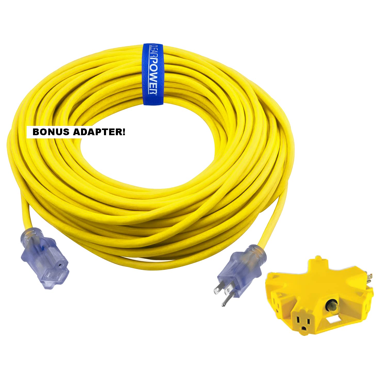 Clear Power 100 Ft 12/3 Sjtow Extra Heavy Duty Contractor Grade Extension Cord With 5 Outlet Adapter Combo, Oil Water & Weather