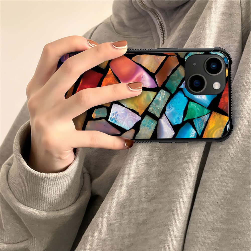ZHEGAILIAN iPhone 14 Case Stained Glass Mosaic Fiesta Fun Tempered Glass Back Soft Silicone TPU Shock Protective