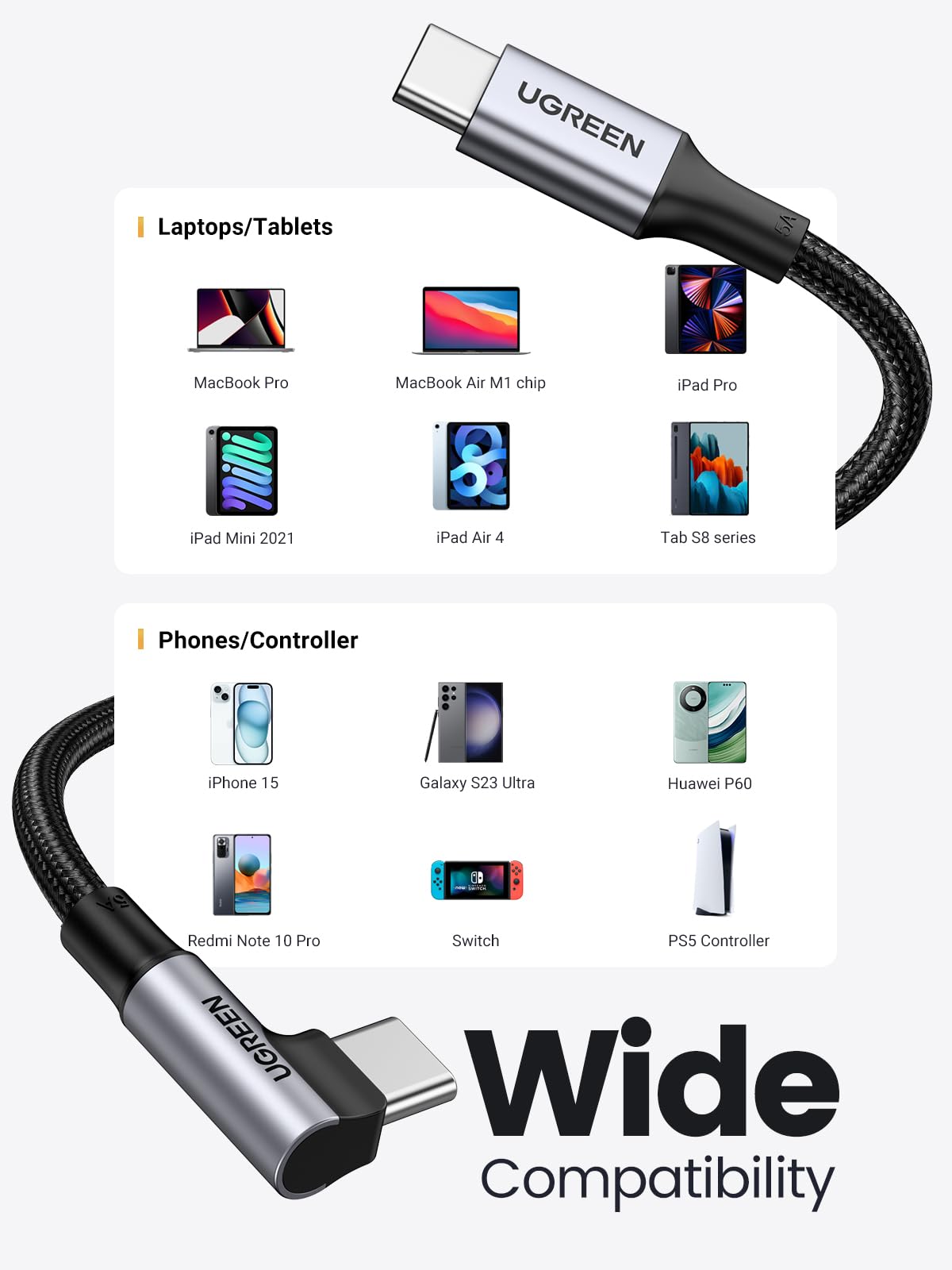 Ugreen Right Angle Usb C To Usb C Cable, 100W Type C 90 Degree Fast Charging Cable Compatible With Iphone 17/17 Plus/17 Pro/16,