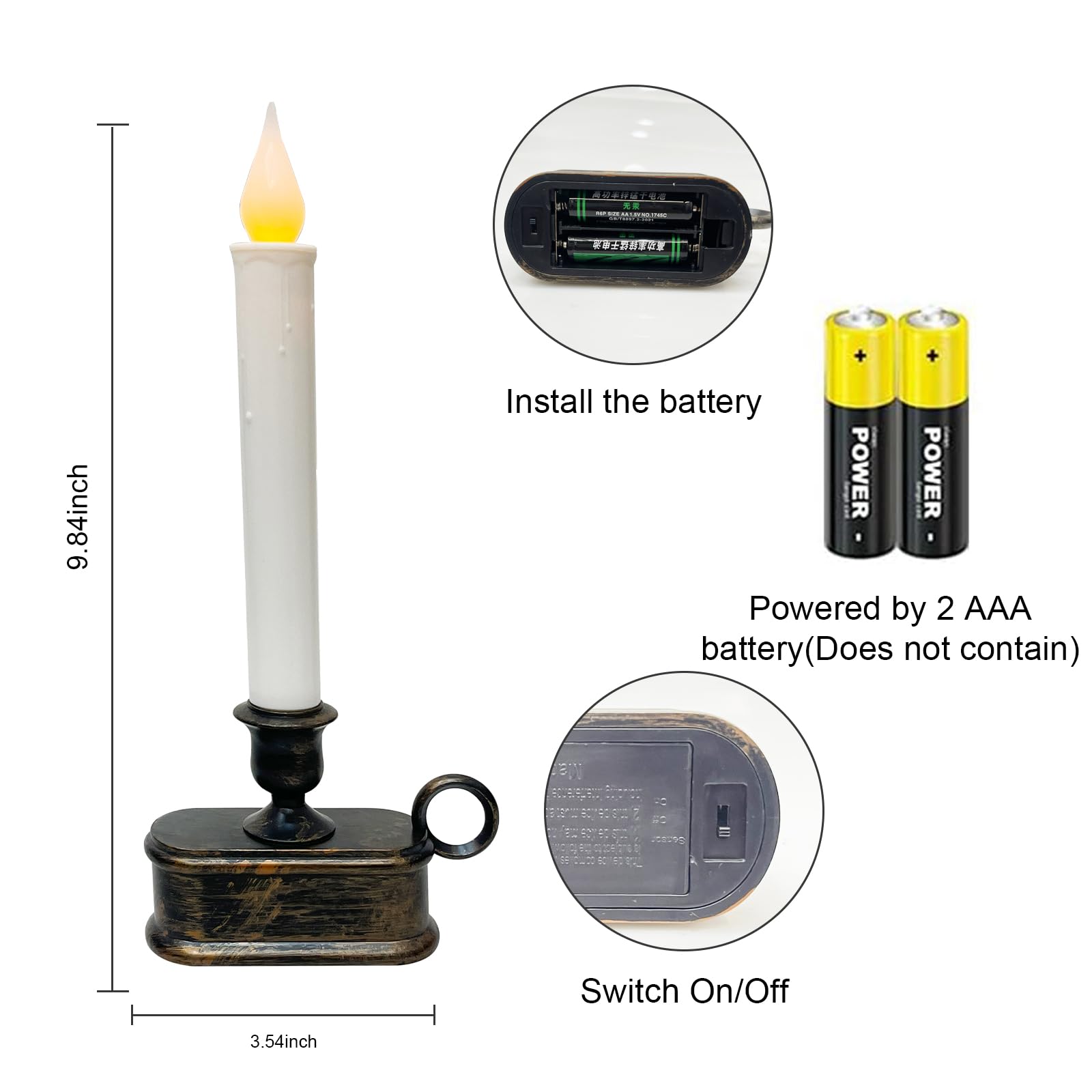 Set Of 4 Battery Operated Led Window Candles, Dusk To Dawn Light Sensor, Flicker Flame Bronze Base, 10 Inch Flameless Taper Cand