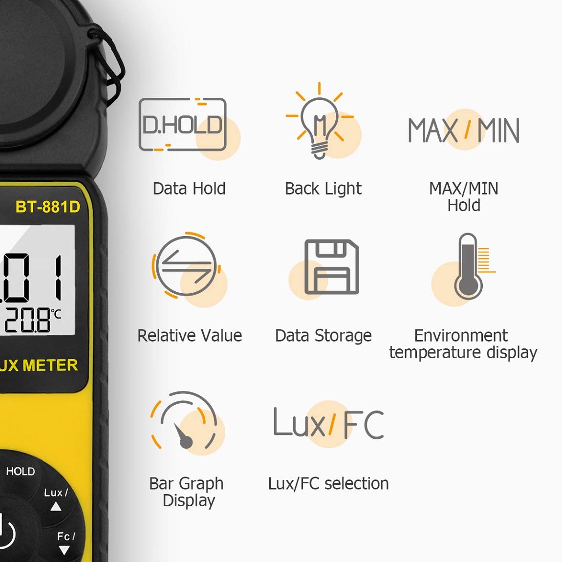 Btmeter Bt 881D Digital Illuminance Light Meter, Measure Lights 0.01~400,000 Lux (0.01~40,000 Fc) Foot Candles Luxmeter With 270