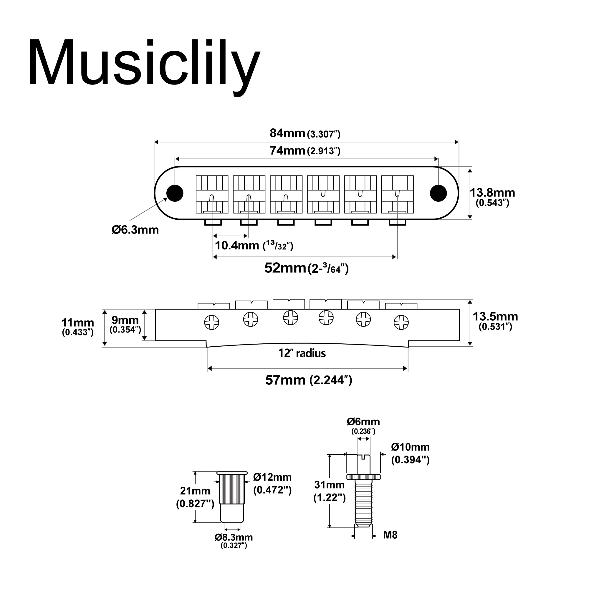 Wilkinson M Series 52Mm Wide Style Tune O Matic Bridge For Les Paul Lp Sg Style Electric Guitar Replacement, Black