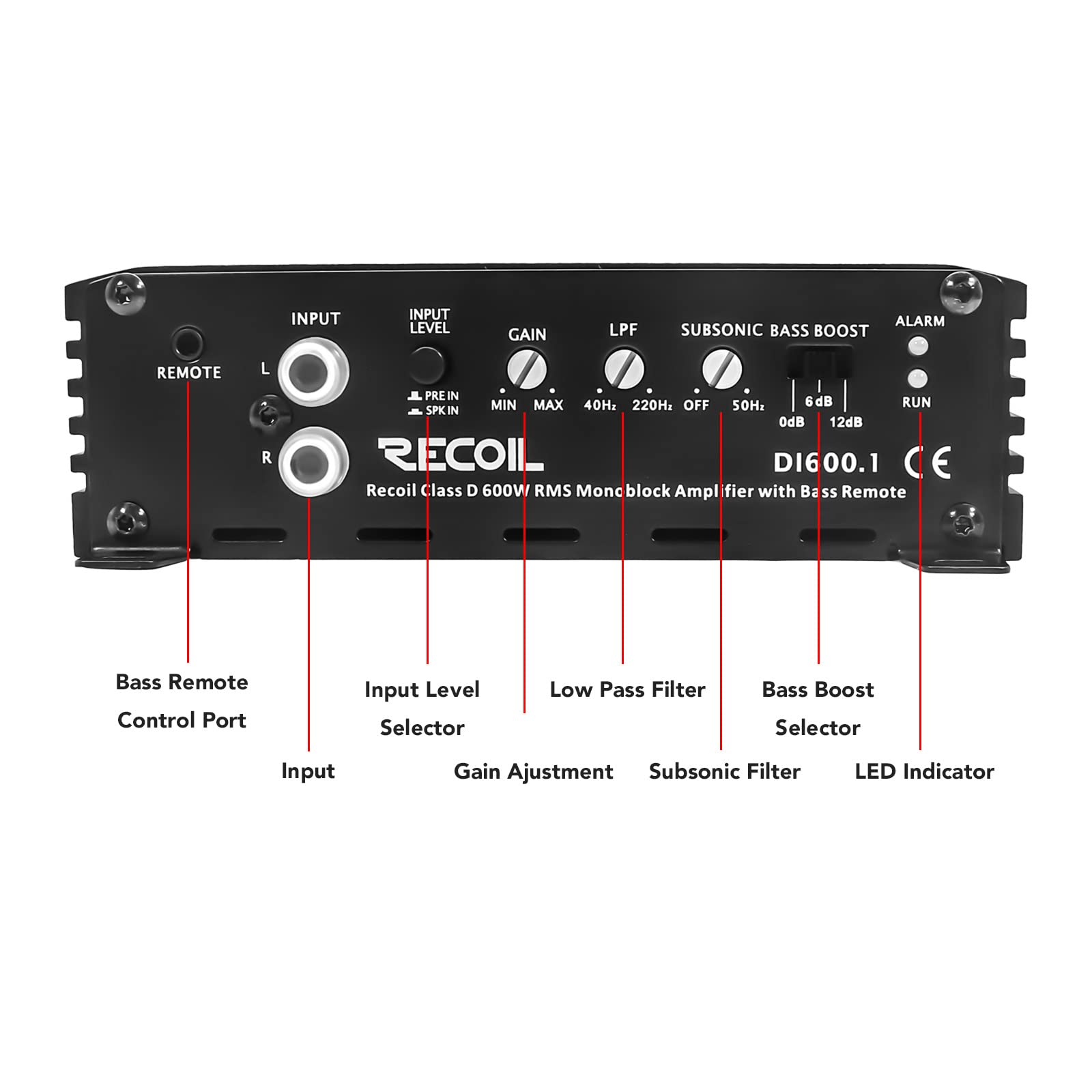 Recoil Di600.1 Class D Car Audio Mono Block Subwoofer Amplifier, 1200 Watts Max Power, 2/4 Ohm Stable, Mosfet Power Supply, Remo
