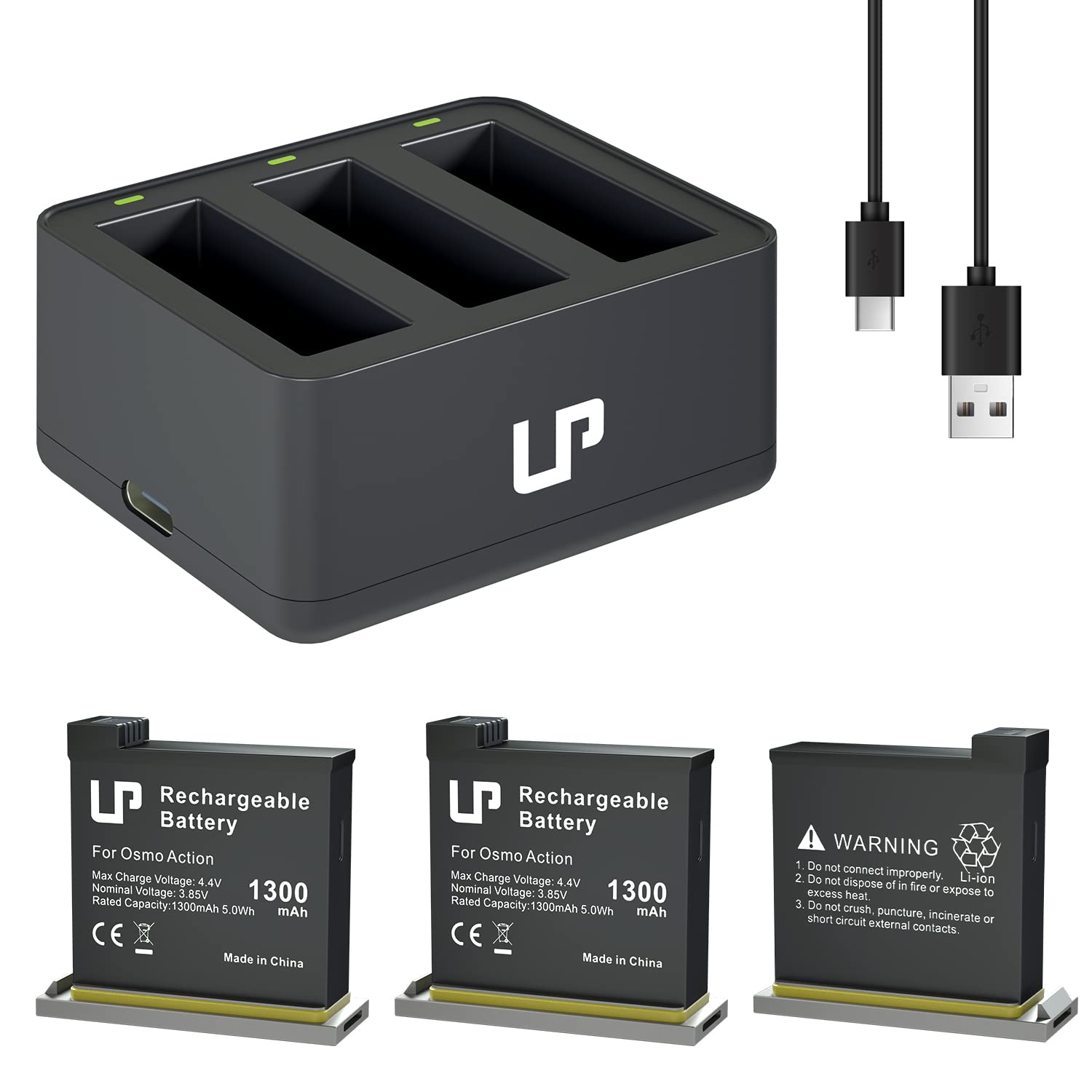 Lp Battery Charger Kit Compatible With Dji Osmo,3 Pack 1300Mah Replacement Battery And Intelligent 3 Channel Usb Charger Kit For