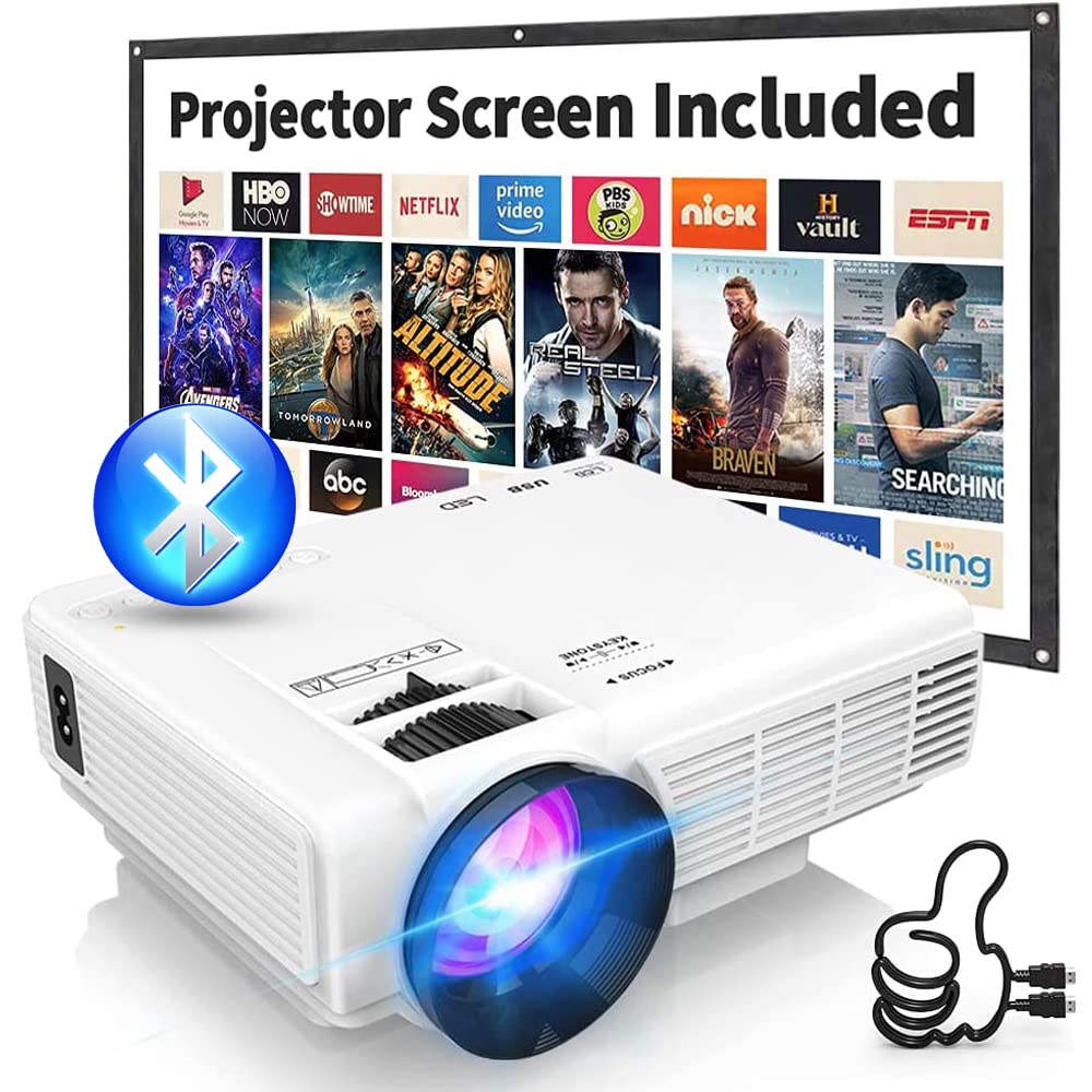 Panseba Projector With Two Way Bluetooth, Mini Projector With Projector Screen, Full Hd 1080P Portable Video Projector, Home Mov