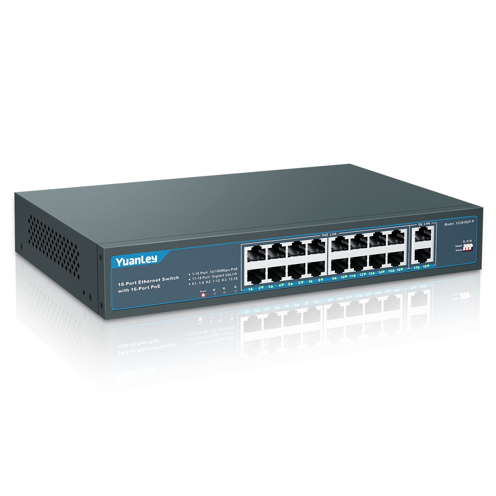 Yuanley 16 Port Poe Switch With 2 Gigabit Uplink, 16 Poe+ Port 10/100Mbps Network Switch, 802.3Af/At Compliant, Durable Metal Wi
