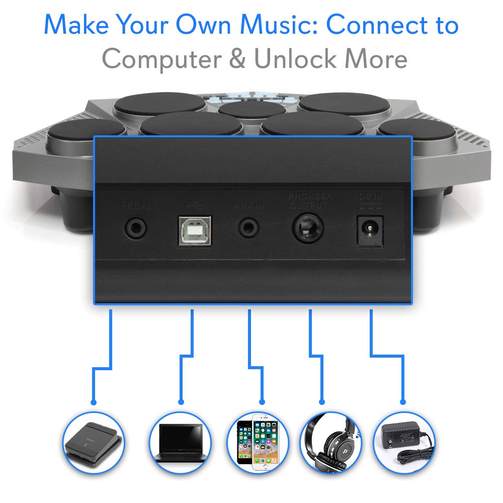 Pyle Pro Electronic Drum Kit - Portable Electric Tabletop Drum Set Machine With Digital Panel, 7 Drum Pad, Hi-Hat / Kick Bass Pe