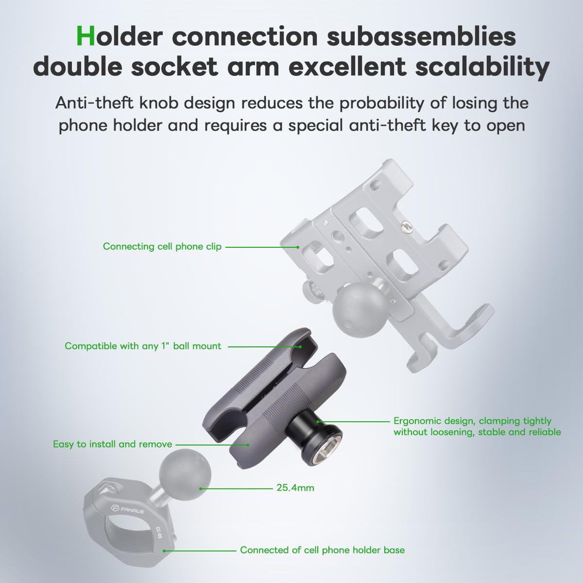 Fanaue Anti Theft Double Socket Arm Compatible With Ram Mounts B Size Ball Head And Bike Motorcycle Phone Holder, Fits Industry