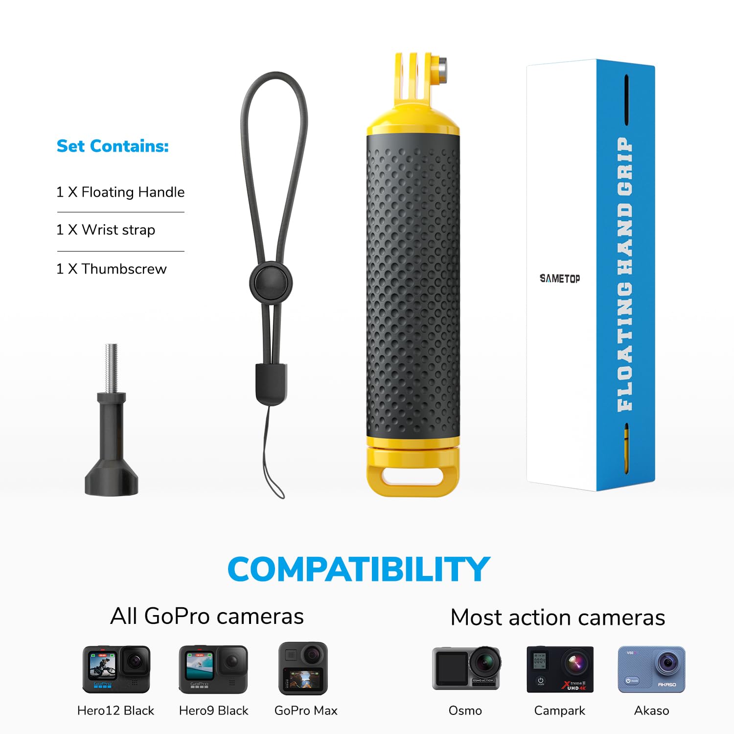 Sametop Floating Hand Grip Waterproof Handle Compatible With Gopro Hero 12, 11, 10, 9, 8, 7, 6, 5, 4, Session, 3+, 3, 2, 1, Hero