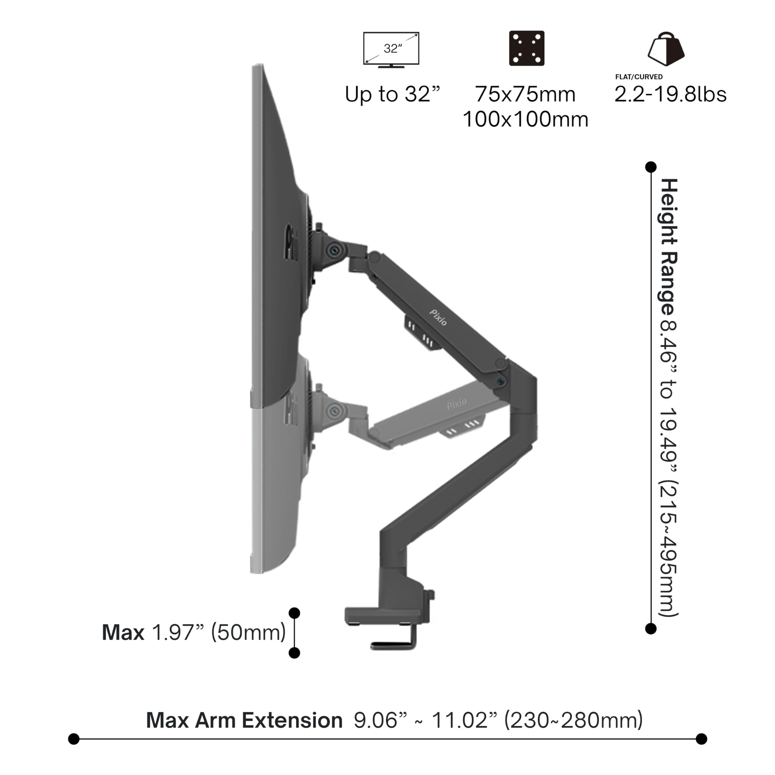 Pixio Ps1S Wave Black Single Monitor Arm Stand Desk Mount   Fits Up To 32 Inches Monitors And Up To 19.8Lbs. Vesa Compatibility And Integrated Cable Management