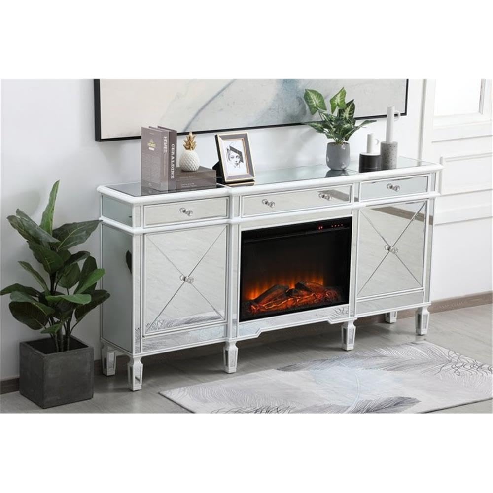 Elegant Decor Contempo 72 Mirrored Credenza With Wood Fireplace In White