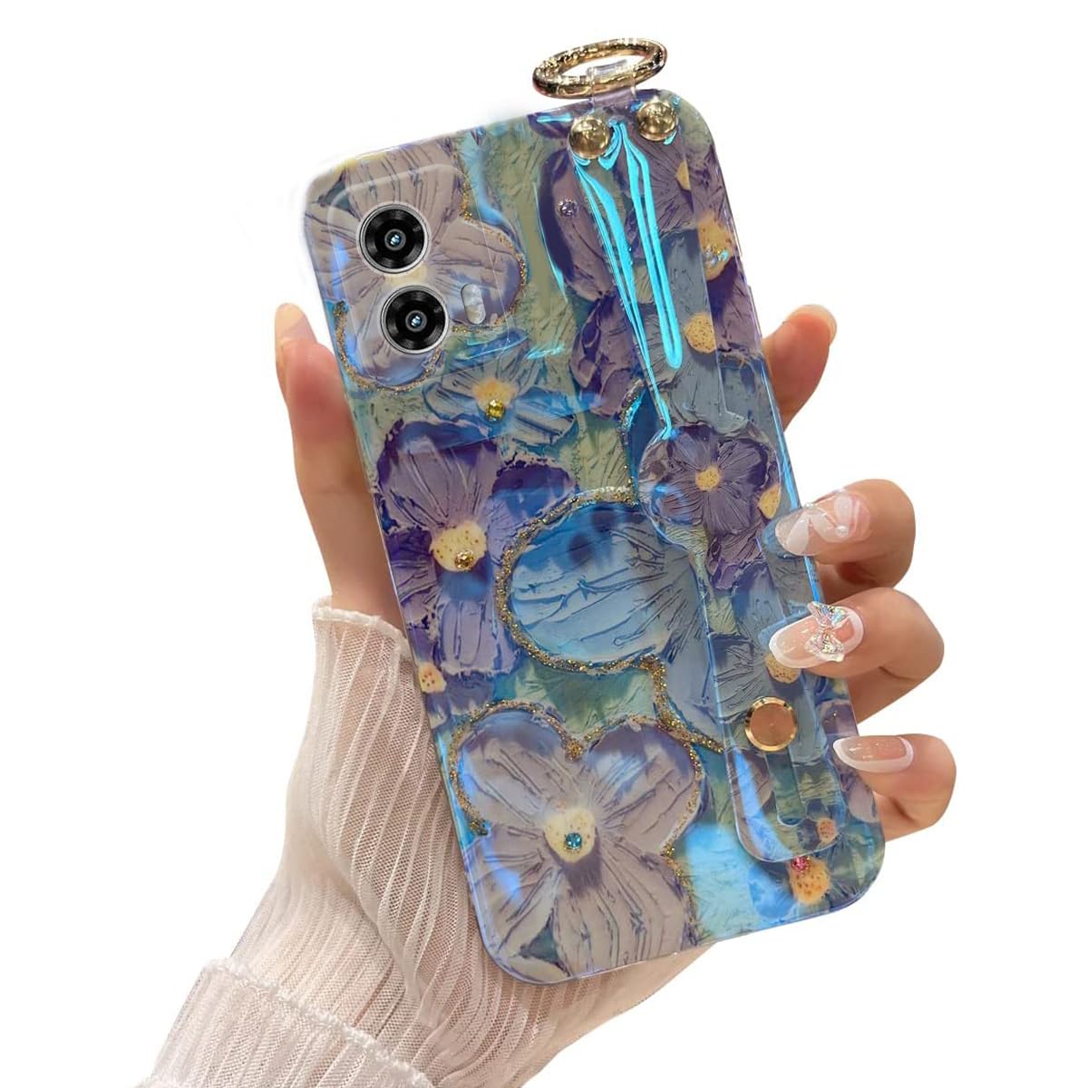 Lastma for Motorola Moto G Power 5g 2024 Case 6.7 with Wrist Strap Stand Glitter IMD Cute Kawaii Cartoon Pattern Design Shockpro