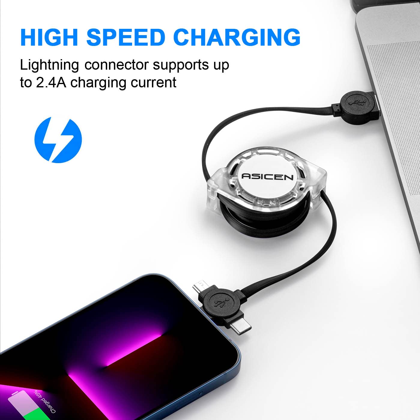 3.3Ft 2Pack Retractable Multi Fast Charging Cord, 3 In 1 Multi Charger Cable Charging Cable, Retractable Charger With Lightning/