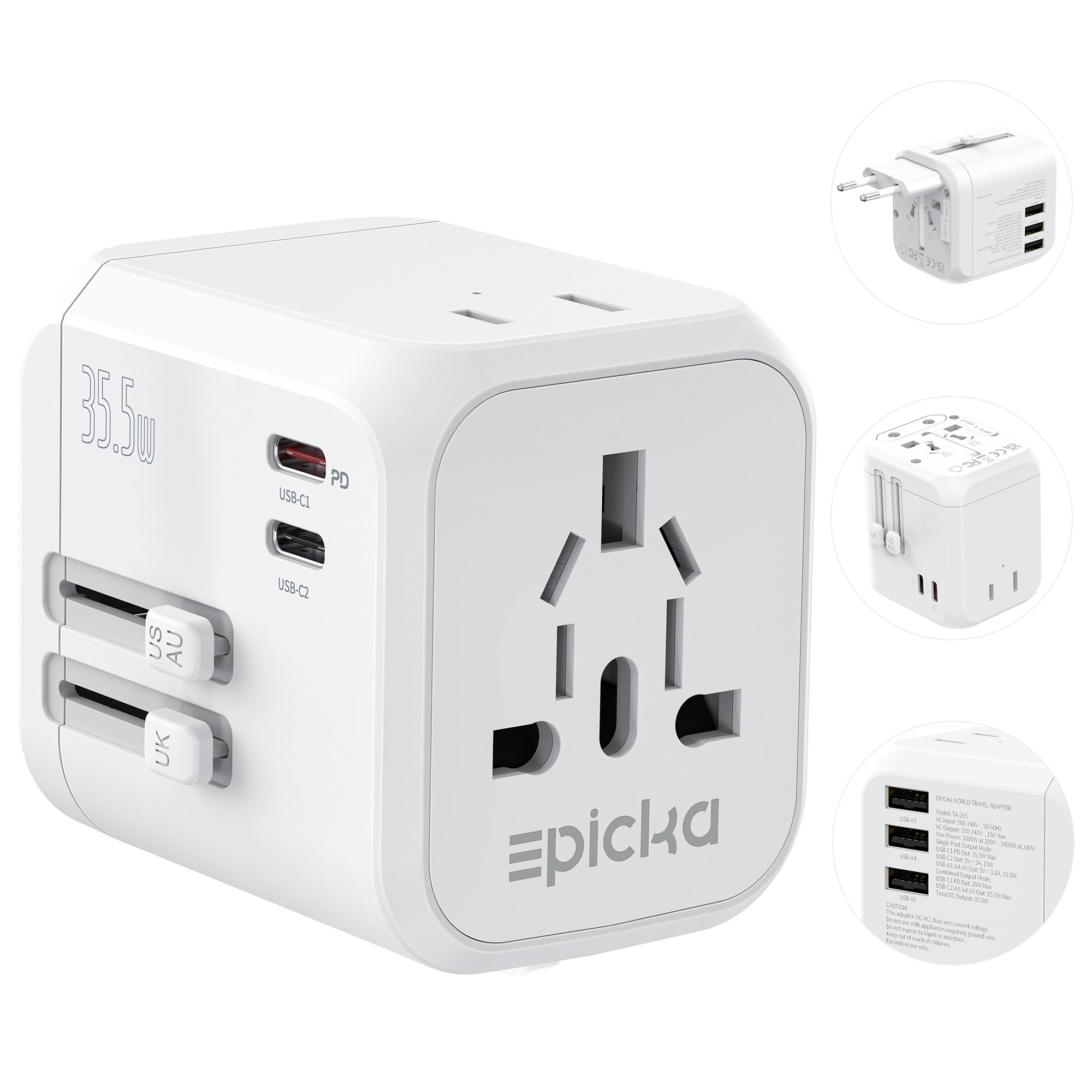 EPICKA Universal Travel Adapter, International Plug Adapter with Dual AC Outlet, 2 USB-C 35W PD Fast Charging & 3 USB-A, All in 