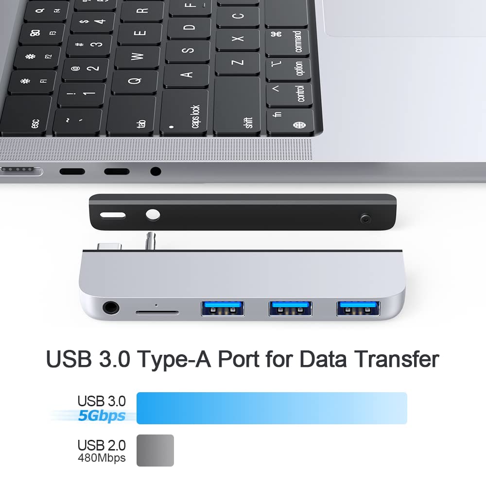 Qwiizlab Usb C Hub 5 In 1 Adapter, Usb 3.0 Data Port, Microsd Card Reader, 3.5Mm Audio Port For 2024/23/22/21 14/16 Inch Macbook