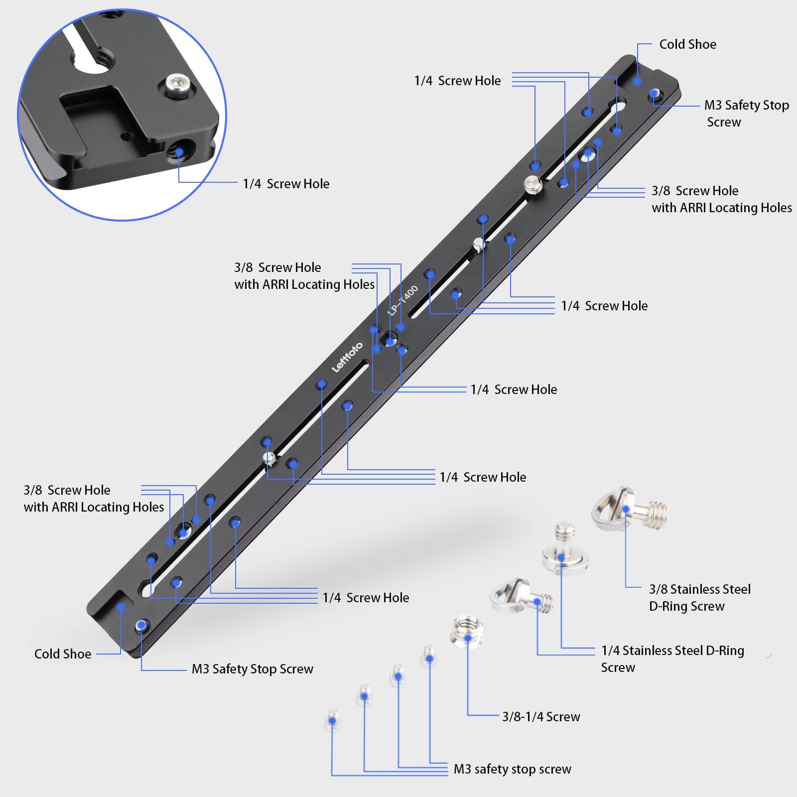Leftfoto 400Mm Lengthened Quick Release Double Dovetail Slide Rail Universal Qr Plate, With Arri Locating Hole, 1/4'' & 3/8'' Th