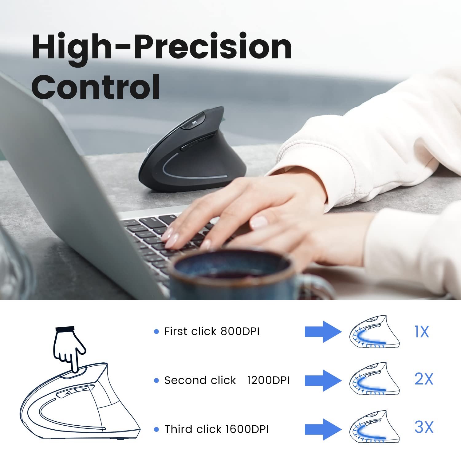 Perixx Perimice 813B Bluetooth Vertical Mouse   Wireless 3 In 1 Multi Device Technology   Travelling Carry Bag   Black   Right H