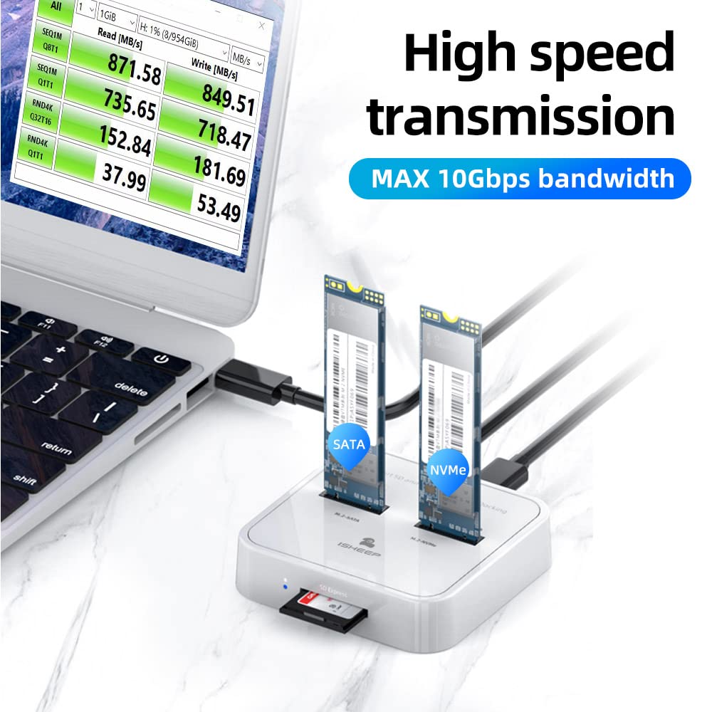 Isheep H016Sd Nvme Sata M.2 Dual Bay Docking Station For Sata & Nvme M.2 Ssd Reader Enclosure, Support Size 2280 2260 2242 2230