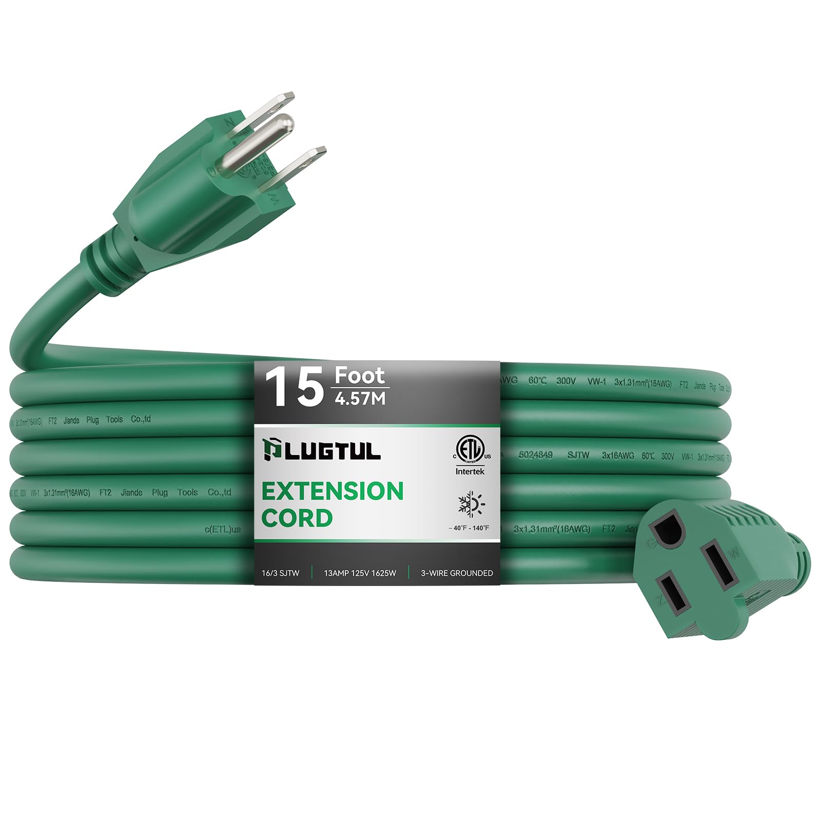 Plugtul 15 Ft Outdoor Extension Cord Waterproof, 16/3 Green Heavy Duty 3 Prong Extension Cord, 13A 1625W Sjtw, Etl Listed, Great
