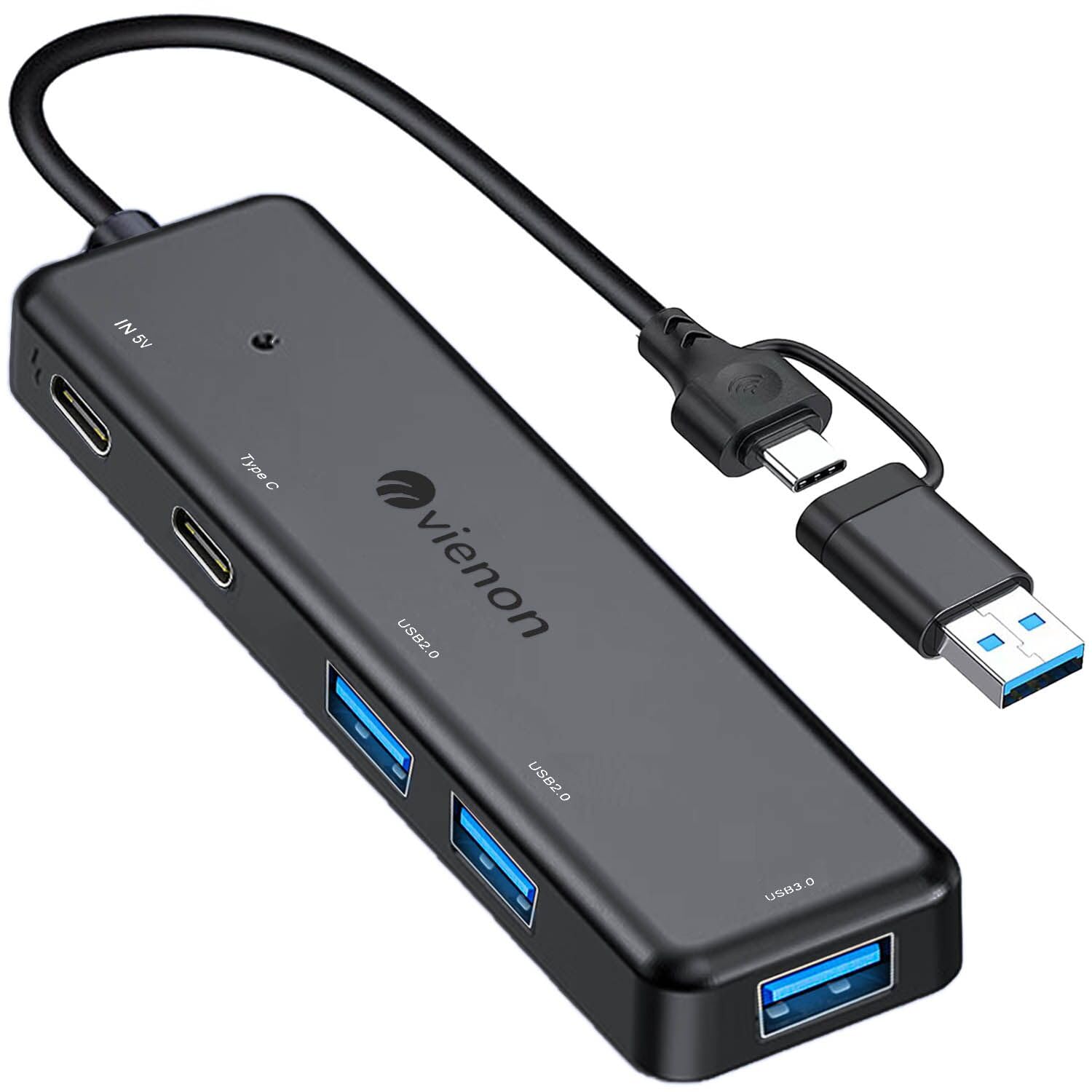 VIENON USB 3.0 Hub (5 in 1), USB C Hub, USB C to USB 3.0 Hub Adapter with USB C Power/Data Ports, USB Extender USB A&C Docking S