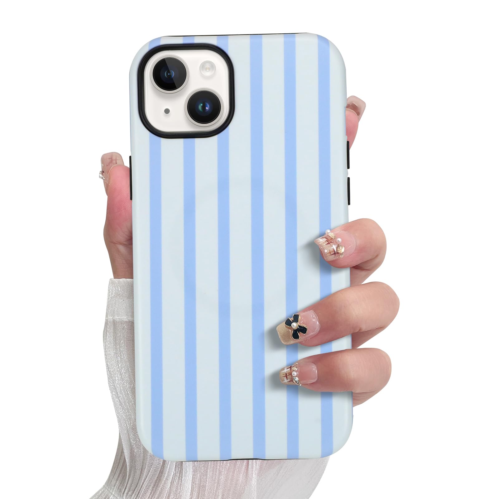 SOKAD Magnetic Vertical Stripes Phone Case for iPhone 15 Plus, Cute Light Blue Striped Line Pattern Compatible with Magsafe Matt