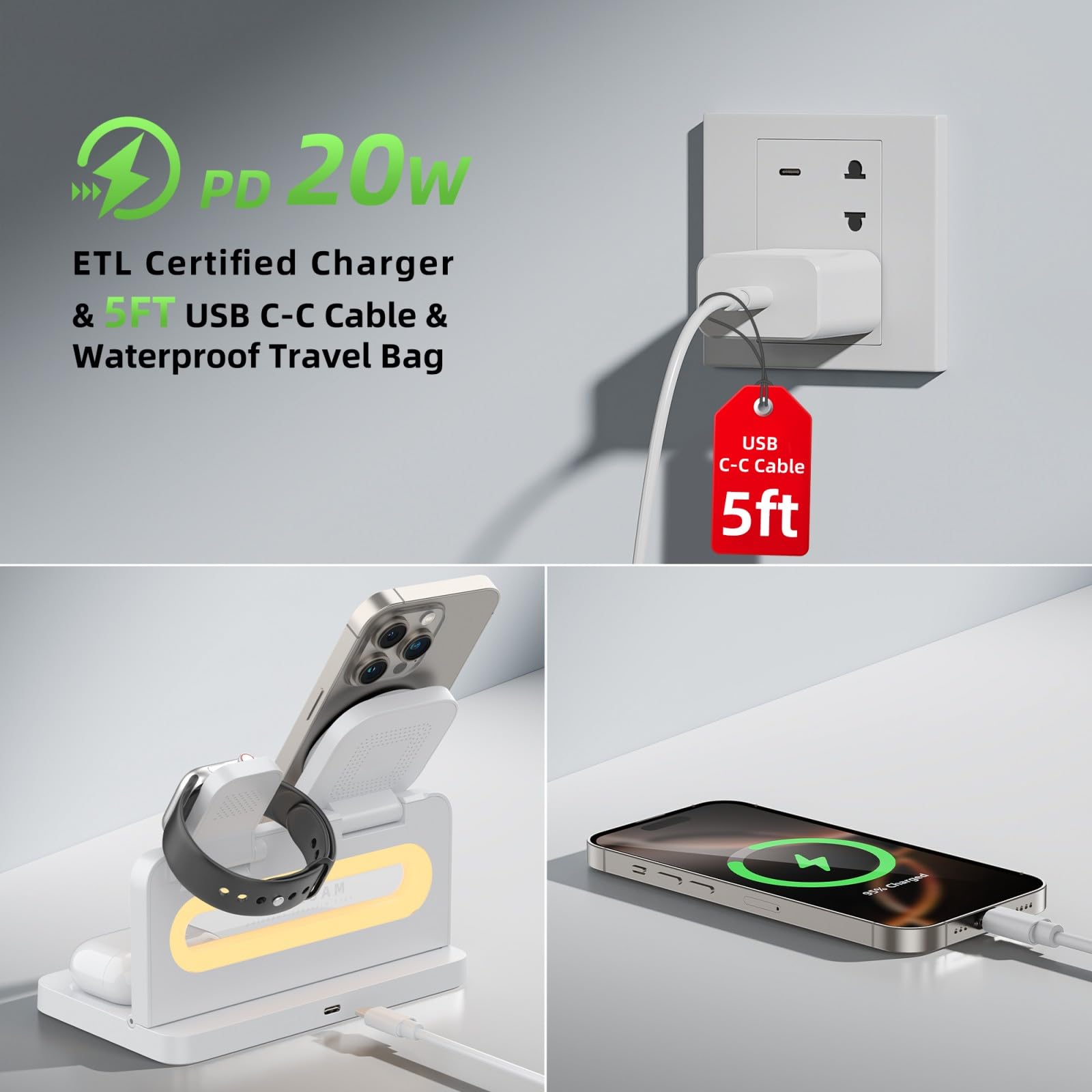 3 In 1 Wireless Charging Station For Apple Magsafe Charger,Magnetic Wireless Charger Stand For Iphone 16 15 14 13 12,Foldable Ni