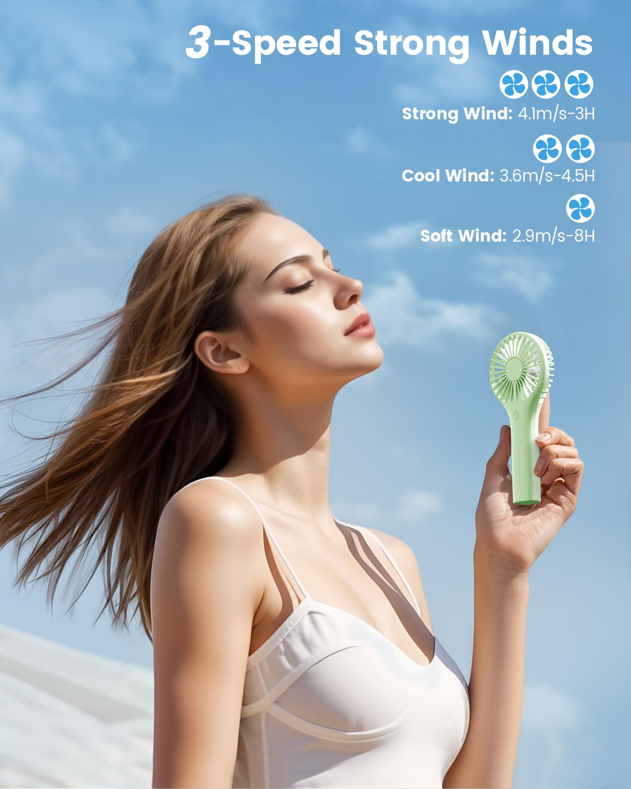 Green Handheld Fan, Portable Fan Mini Fan Powerful Hand Fan With 3 Speeds, Usb Rechargeable Personal Fan, Makeup Lash Fan For St